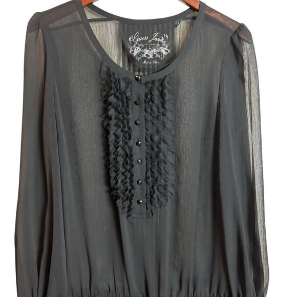 Vintage Guess Jeans Sheer Black Blouse Tunic Top Whimsigoth Dropwaist Blouson L - Picture 4 of 13